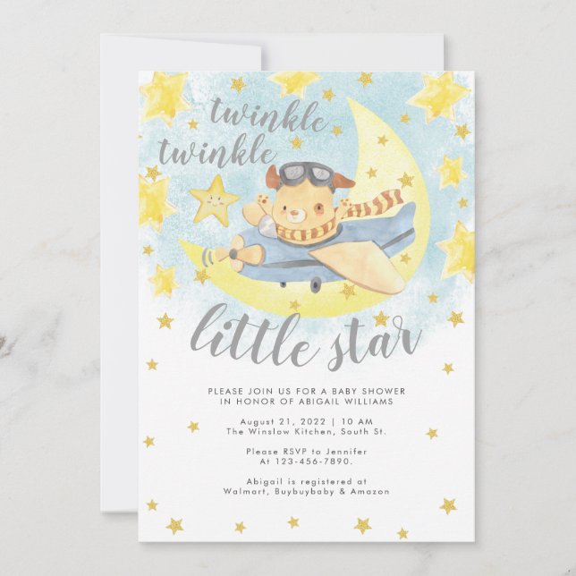 Bear Airplane Gold Twinkle Little Star Baby Dusche Einladung (Vorderseite)