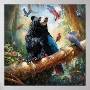 Bear and Bird in Nature Poster