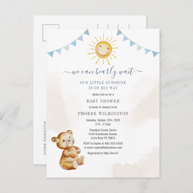 Bear and Sunshine Watercolor Boys Babydusche Einladungspostkarte (Vorne/Hinten)