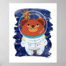 Bear Astronaut Floating Space Stars Wasserfarbe Poster