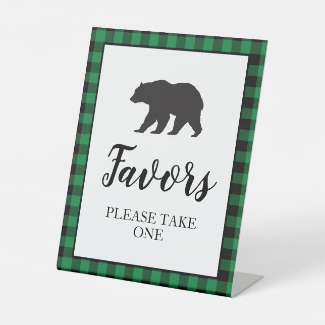 Bear Baby Dusche Grün Kariert Gefallen Sockelschild (Vorderseite)