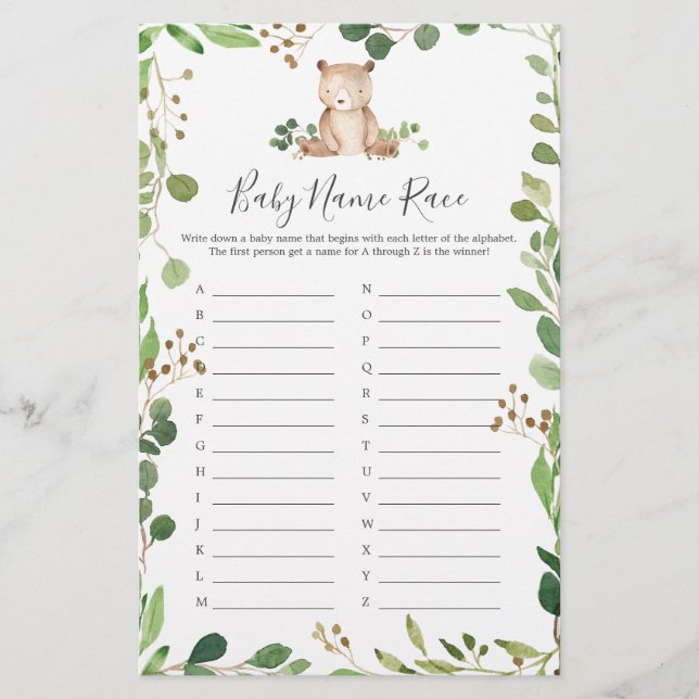 Bear Baby Dusche Name Race Game (Vorderseite)