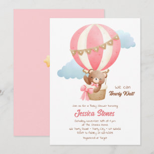 Bear Baby Girl Dusche Einladungen Heißluftballons