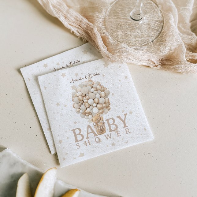Bear Baby Shower Balloons & Stars Boho White Brown Serviette (Von Creator hochgeladen)
