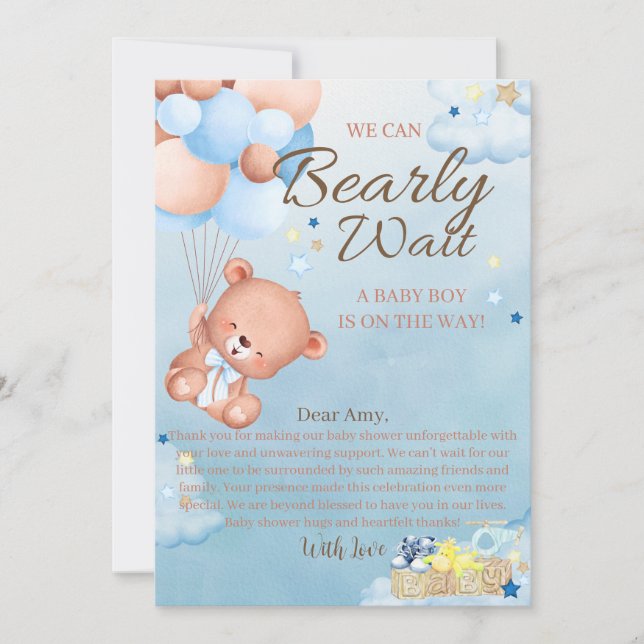 Bear Baby Shower Boy Dankeskarte (Vorderseite)