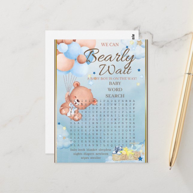 Bear Baby Shower Boy Game Postkarte (Vorderseite/Rückseite Beispiel)