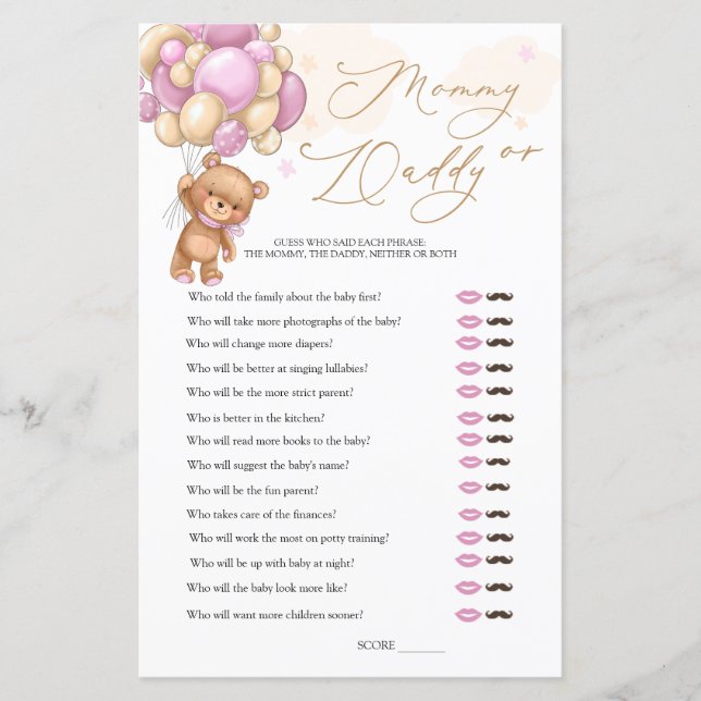 Bear Baby Shower Game Guess Who Mommy or Daddy (Vorderseite)
