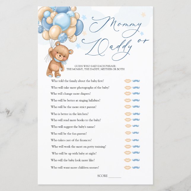 Bear Baby Shower Game Guess Who Mommy or Daddy (Vorderseite)