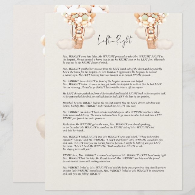 Bear Baby Shower Game - Links oder nicht wahr? (Vorne/Hinten)