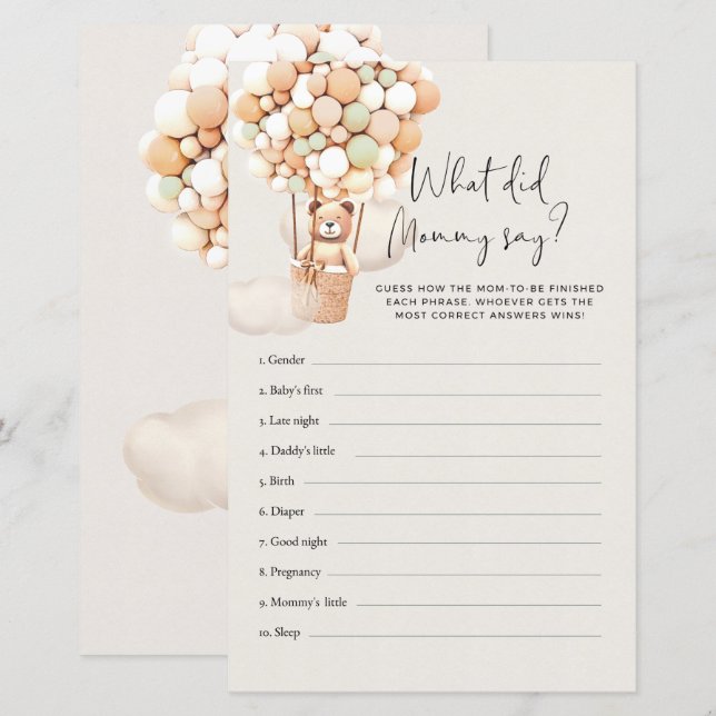Bear Baby Shower Game - Was hat Mommy gesagt? (Vorne/Hinten)