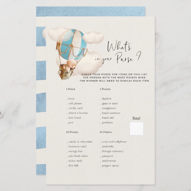 Bear Baby Shower Game - Was ist in Ihrer Tasche? (Vorne/Hinten)