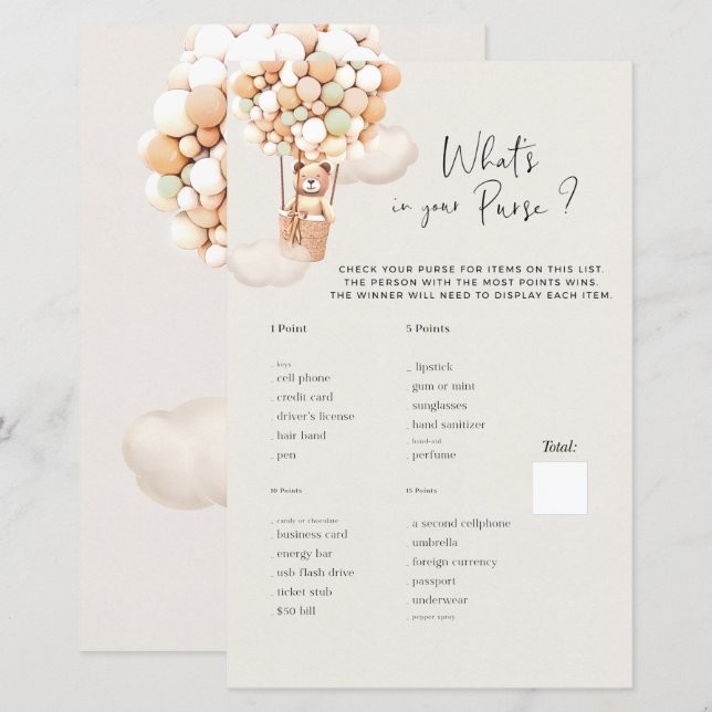 Bear Baby Shower Game - Was ist in Ihrer Tasche? (Vorne/Hinten)