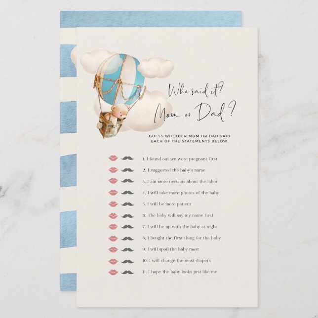 Bear Baby Shower Game - Wer hat es gesagt? Mama od (Vorne/Hinten)