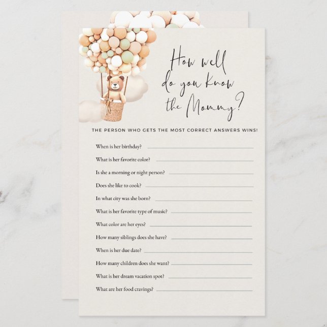 Bear Baby Shower Game - Wie gut kennen Sie Mama? (Vorne/Hinten)