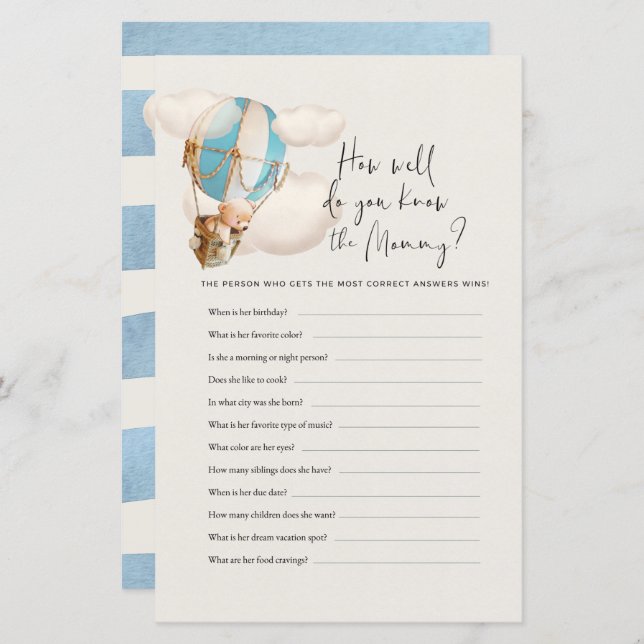 Bear Baby Shower Game - Wie gut kennen Sie Mama? (Vorne/Hinten)