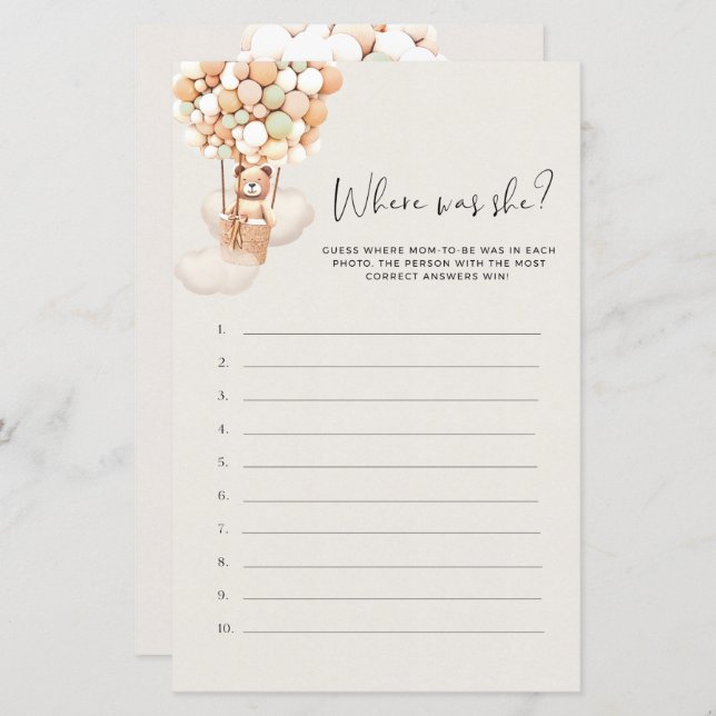 Bear Baby Shower Game - Wo war sie? (Vorne/Hinten)