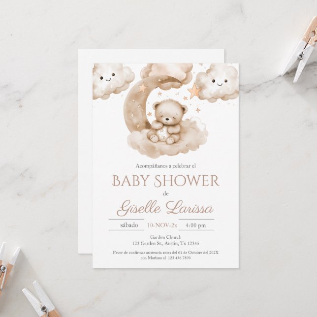 Bear Baby Shower Girl Spanische Einladung (Vorderseite/Rückseite Beispiel)