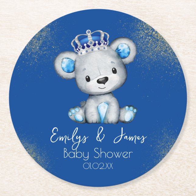 Bear Baby Shower Prince Funkelnd Blue Boys Runder Pappuntersetzer (Vorderseite)