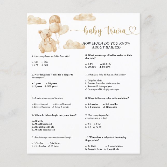 Bear Baby Trivia | Baby Showspiel (Vorderseite)