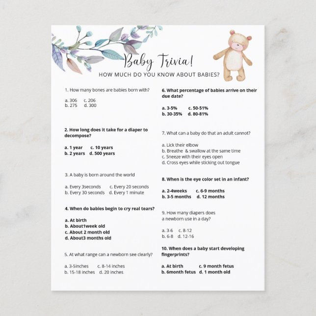 Bear Baby Trivia | Baby Showspiel (Vorderseite)