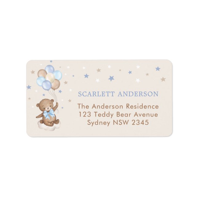 Bear Balloon Blue Brown Stars Rücksendeadresse Adressaufkleber (Vorne)