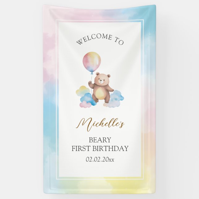 Bear Balloon Clouds Beary First Birthday Welcome Banner (Vertikal)
