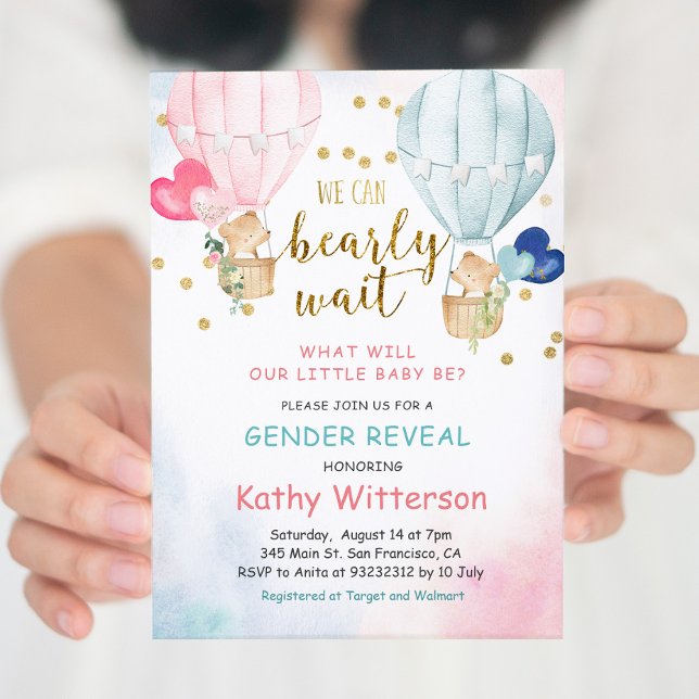 Bear Balloon Gender Reveal Baby Shower Invitation Einladung (Von Creator hochgeladen)