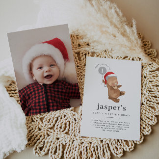 Bear Balloon Weihnachtsmannmütze First Birthday Fo Einladung