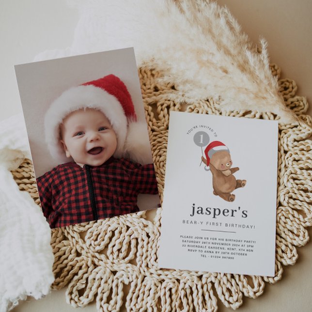 Bear Balloon Weihnachtsmannmütze First Birthday Fo Einladung (Zazzle Bear Balloon Santa Hat First Birthday Photo Invitation)