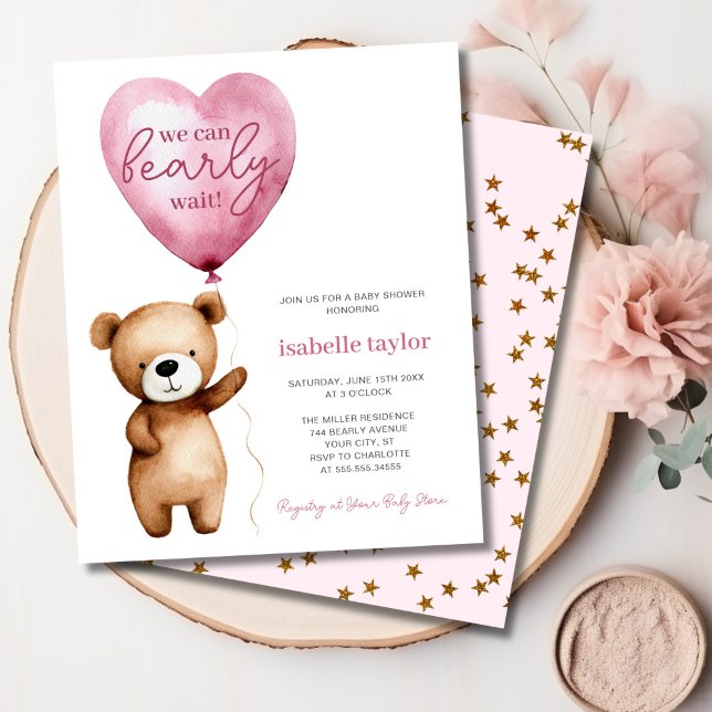 Bear Balloons Baby Girl Shower Einladung (Bear Balloons Baby Girl Shower Budget Invitation)