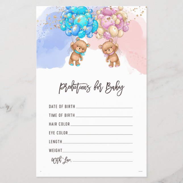 Bear Balloons Baby Predictions Gender Reveal Game Flyer (Vorne)