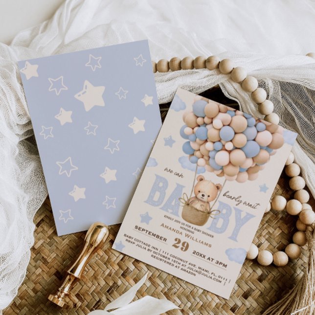 Bear Balloons Bearly Wait Baby Boy Dusche Einladung (Von Creator hochgeladen)