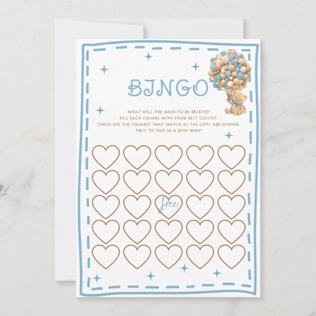 Bear Balloons Blue Modern Bingo Game Card Einladung (Vorderseite)