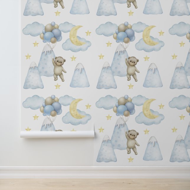 Bear Balloons Mountain Moon Star Clouds Baby Boy Tapete (Anwendung)