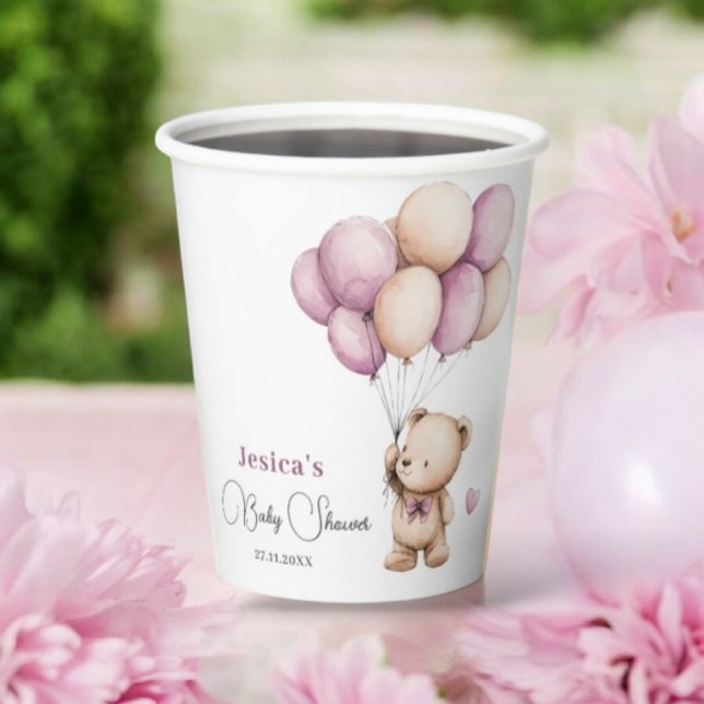 Bear Balloons Pastel Lila Baby Dusche Pappbecher (Von Creator hochgeladen)