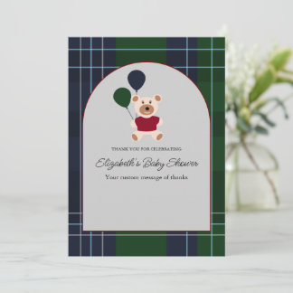 Bear & Balloons Plaid Baby Shower Dankeskarte