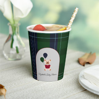 Bear & Balloons Plaid Baby Shower Pappbecher