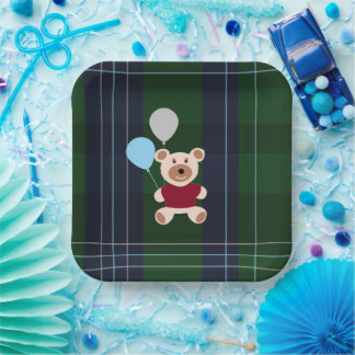 Bear & Balloons Plaid Baby Shower Pappteller