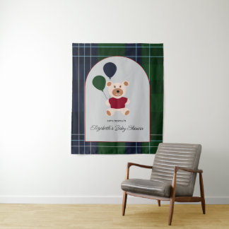 Bear & Balloons Plaid Baby Shower Wandteppich