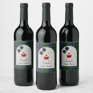 Bear & Balloons Plaid Baby Shower Weinetikett