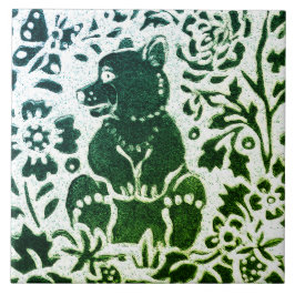 Bear Batik Modernes grünes blaues Blumenwald Fliese