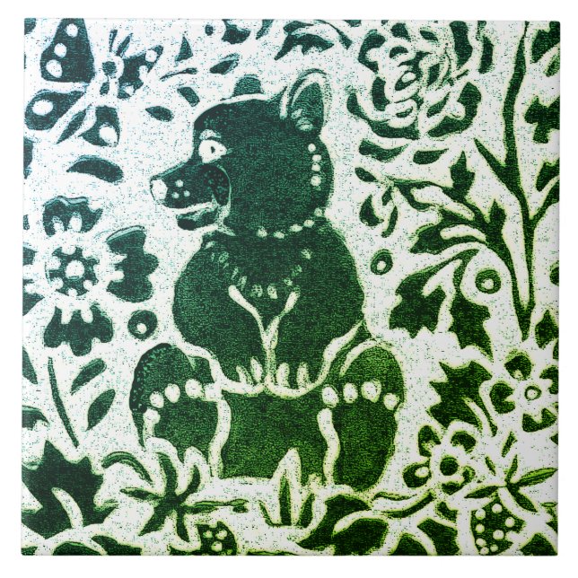 Bear Batik Modernes grünes blaues Blumenwald Fliese (Vorderseite)