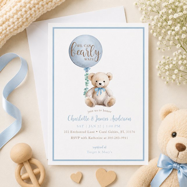 Bear Bear Baby Shower Einladung (Blue Baby shower invite with soft details)