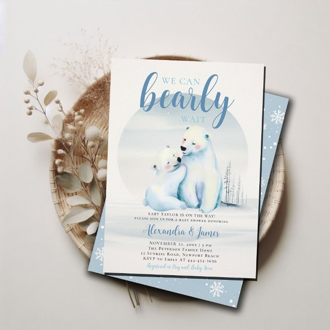 Bear Bear Cub Baby Boy Shoounter Einladung (we can bearly wait baby boy shower invitation winter polar mama bear cub cute sweet animal blue ice)