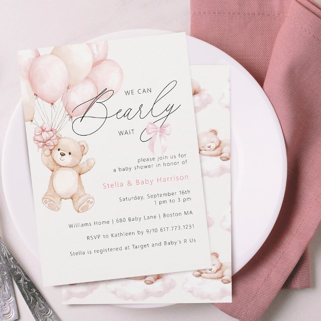 Bear Bear Girl Babydusche Einladung (Bearly Wait Teddy Bear Girl Baby Shower Invitation)