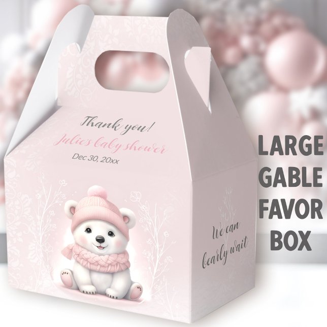 Bear Bear Pink Babydusche groß abwarten Geschenkschachtel (Pink Polar Bear Large Gable Favor Boxes - You can choose from 3 sizes of these gable favor boxes)