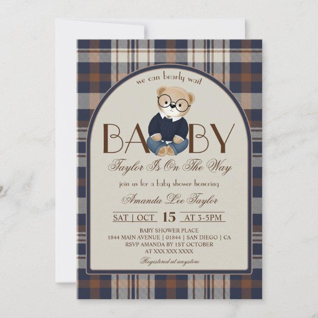 Bear Bearly Wait Luxury Boy Baby Shower Einladung (Vorderseite)