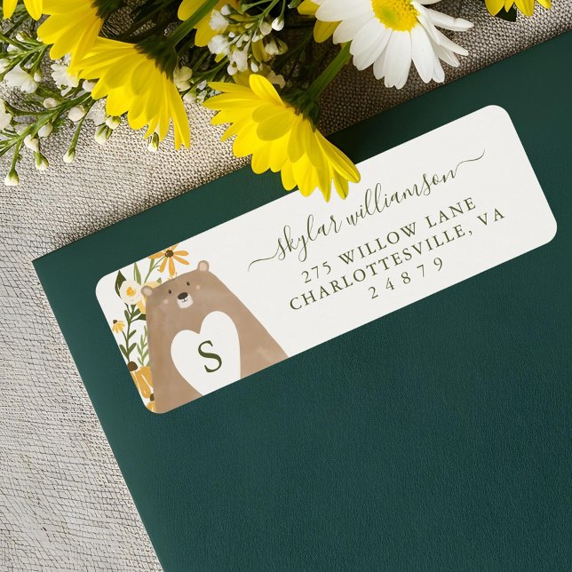 Bear & Bee Watercolor Wildblumen Babydusche (Bear & Bee Watercolor Wildflowers Baby Shower Label)