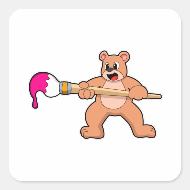 Bear beim Malen mit Pinsel und Farbe Quadratischer Aufkleber (Vorderseite)