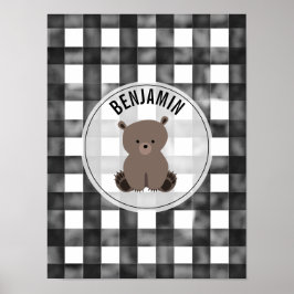 Bear Black + White Gingham Baby Kinderzimmer Poster